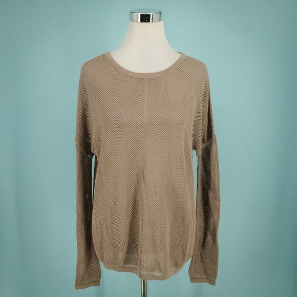 Vince Size Medium M Ten Beige Crew Neck Long Sleeve Open Knit Mesh Sweater - Picture 1 of 6